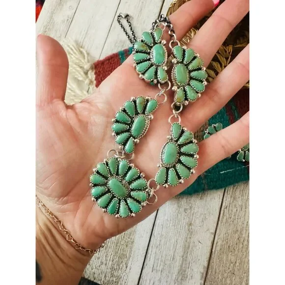 Navajo Sterling Silver & Turquoise Cluster Necklace and Earring Set - Picture 6 of 8